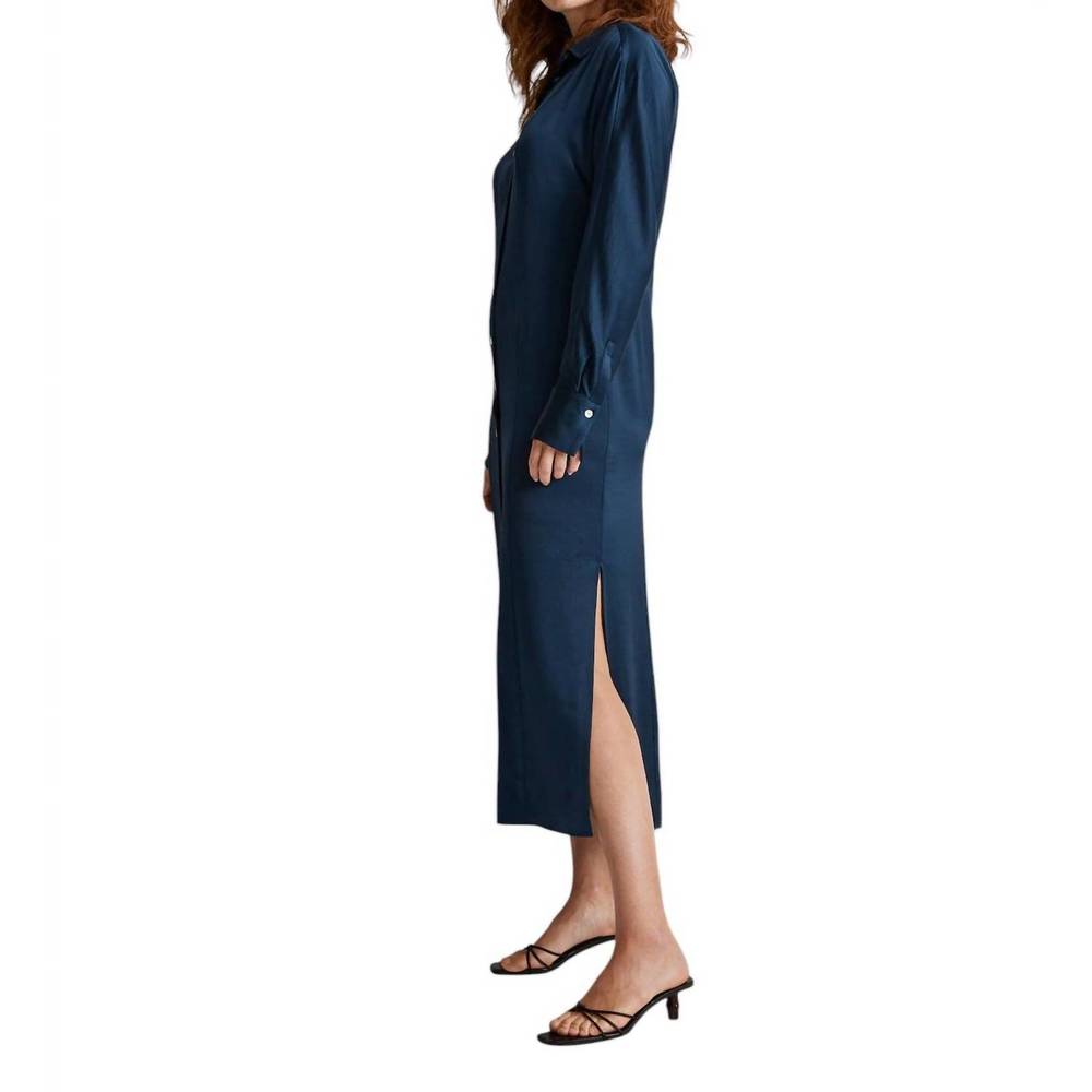 NEW MADEWELL satin button-front midi shirtdress in navy - Picture 3 of 5